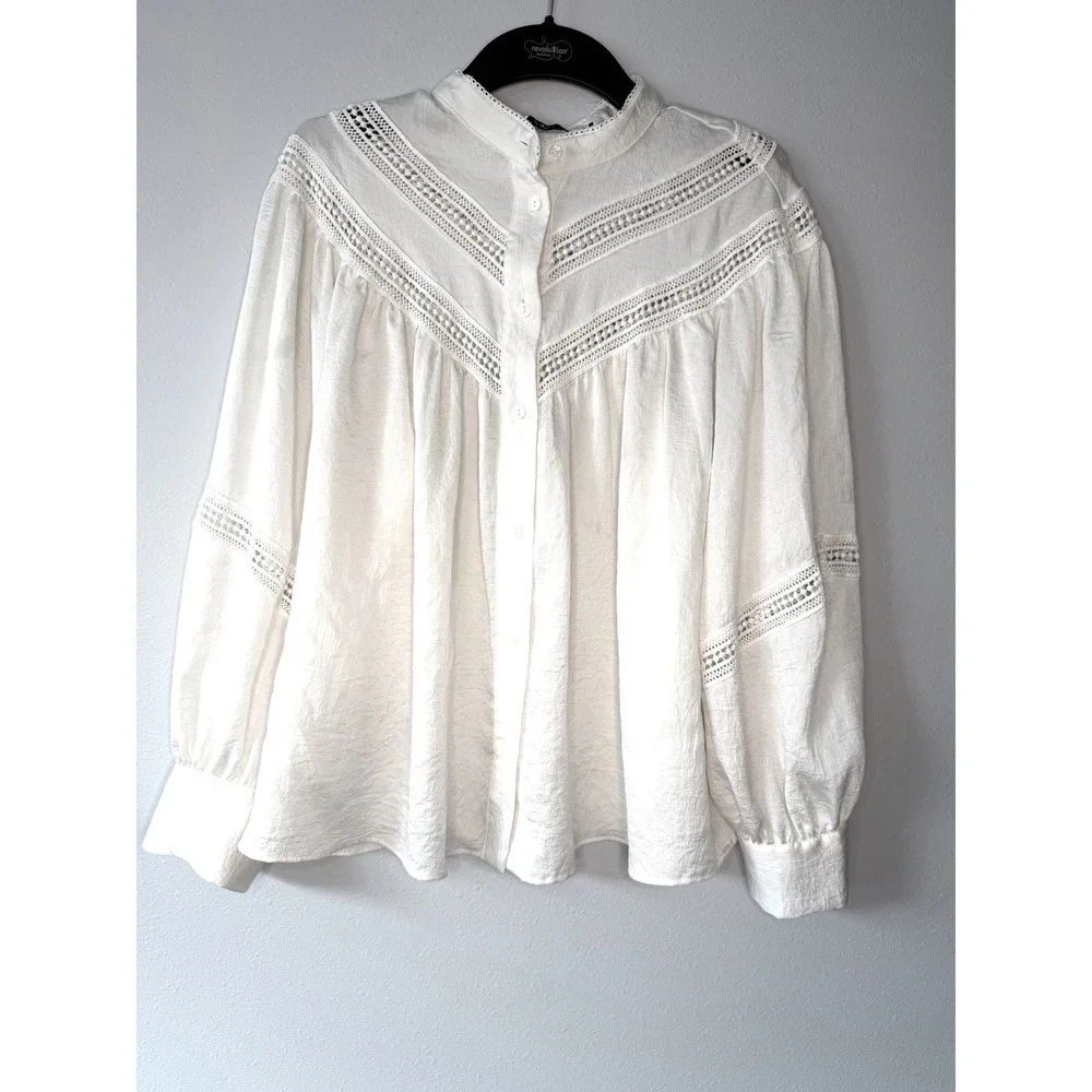 Zara Ecru‎ Lace Insert Boho Blouse Off-White Puff Sleeve Button Down Shirt M